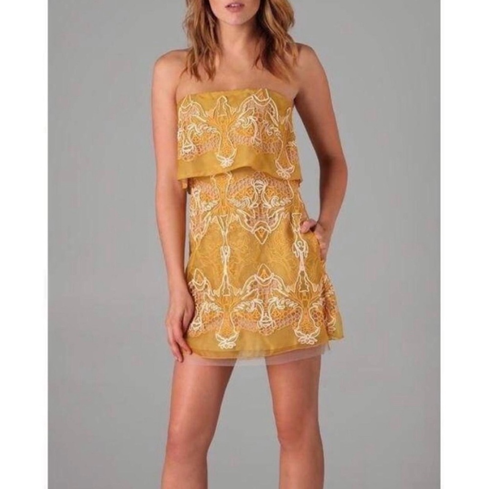 NWT BCBGMaxazria Runway Yellow 100% Silk Organza Strapless Mini Dress US 12